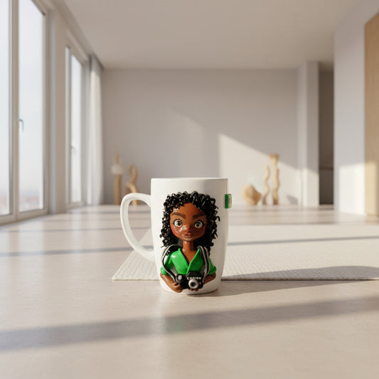 Mug with a figurine of a woman with curly hair, surrounded by pink flowers and a plant.