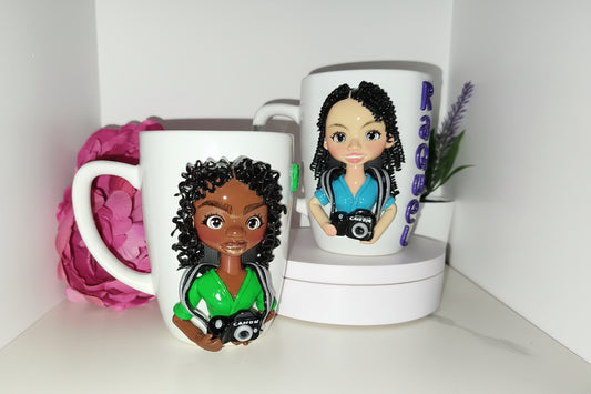 Two mugs with caricature designs of a woman on a white surface.