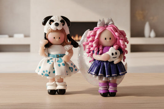 Two small dolls with colorful hair and outfits on a wooden surface.